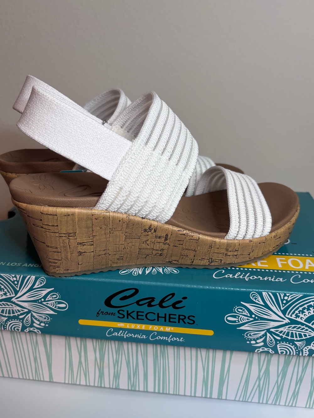 Skechers White Elastic Strap Cork Wedge Sandals Size 5.5 NWT - Picture 4 of 12